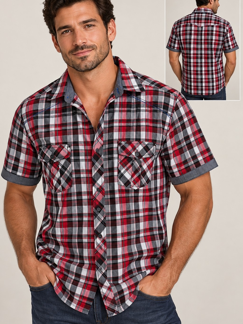 Men’s Red Black Plaid Short Sleeve Button Down Shirt Size L Drill Clothing Co
